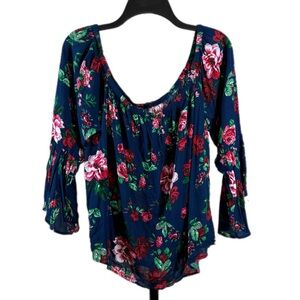 Women’s Plus Size 3X Navy Floral Boho Bell Sleeves Lightweight Stretchy Roses